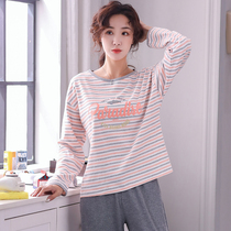 Lan Jy Striped Cotton Single T-shirt Top Women Spring Autumn and Winter Long Sleeve Round Neck Plus Size Pajamas Home Clothes