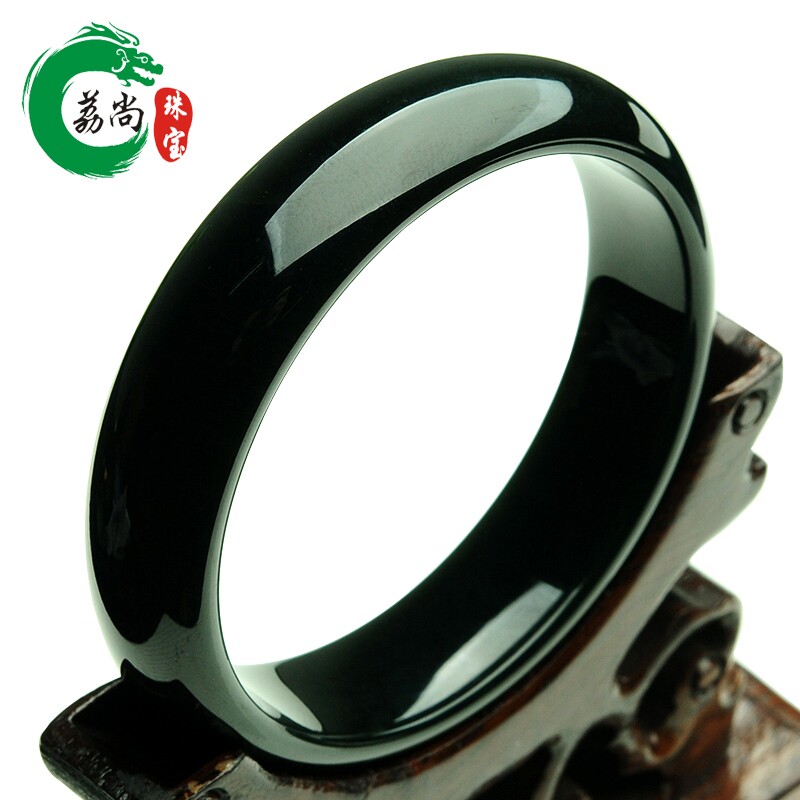 新疆和田玉墨玉手镯 天然玉石镯子黑青玉女款玉镯带证书