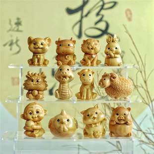 十二支の動物の木彫りの完全なセット、Thuja の木、龍、ウサギ、虎、かわいい小動物、無垢材の彫刻記念装飾品