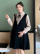 Korean pregnant women autumn dress wear fashion new color matching stitching lace-up fake two pregnant women spring and autumn skirt