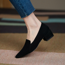 Coarse heel single shoes womens 2021 new spring shoes Middle heel frostsand leather pointed shallow flat bottom work shoes autumn