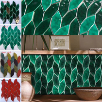 Colorful dark green ceramic mosaic diamond leaf tiles bathroom wall tiles Net red restaurant bar wall tiles