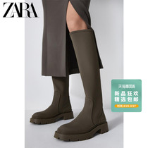  ZARA autumn new TRF womens shoes Khaki green rubber sense flat long tube high boots 13007610032