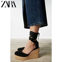 ZARA Spring Summer New Pint Womens Shoes Black Strap Crochet Hook Knitted Slope Heel Sandal 2370910040