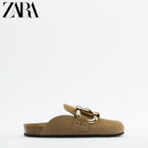 ZARA Early Spring New Items Women Shoes Sandbrown Cow Leather Clasp Outside of Garburken Shoe 2570910107
