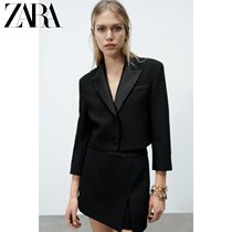 ZARA new womens dress black silk satin texture splicing short casual suit jacket 2292940800