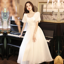 Banquet small evening dress skirt femininity Birthday party dinner host dress can usually be worn in summer white