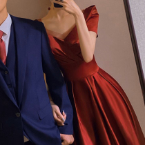 Toast Bride 2021 new wine red back home casual wear engagement wedding satin small evening dress dress autumn and winter women