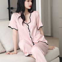 Ice silk pajamas womens summer 2021 new thin sexy short-sleeved two-piece suit large size home dress cute