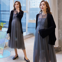 Pregnant womens dress autumn fashion New temperament sunscreen mesh two-piece foreign-style long spring dress