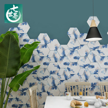 Green leaves hexagonal tiles Nordic balcony tiles non-slip floor tiles bathroom kitchen wall tiles six-sided diamond tiles