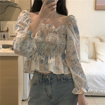  Large size floral shirt womens spring and summer design sense French square collar short fairy top fat MM belly cover chiffon shirt