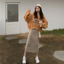 Large size foreign style age-reducing sweater suit womens 2021 autumn new fat mm belly cover-up thin vest long skirt two-piece set