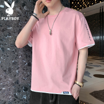 Playboy short-sleeved mens summer half-sleeve top ins trend couple summer t-shirt pink cool t-shirt men