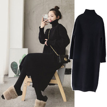 Pregnant womens autumn and winter Korean version of high collar thick knitted sweater long skirt spring and autumn casual loose medium-length dress