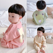Childrens conjoined pajamas spring and autumn cotton boys and girls Anti-kicking clothes baby baby anti-cold home clothes
