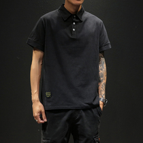 Summer patch solid color short-sleeved POLO shirt T-shirt mens fat plus size Japanese trendy fat v-neck lapel top simple