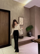 Your hehe Scarlett knock on thin high waist long pants black micro-horn open fork to fix body temperament casual pants