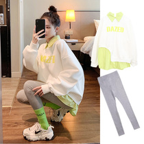  Pregnant womens autumn suit 2021 new Korean fashion loose mid-length sweater spring and autumn sports two-piece tide