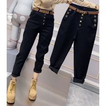 Large size womens autumn and winter high waist multi-button plus velvet jeans fat sister mm loose and thin Harlan dad pants