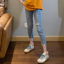  2021 new large size summer thin section ripped jeans female fat sister mm thin and high stretch three-point pants