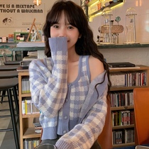 sinsingir knit cardiovert two sets woman early spring checkered knitted vest harness long sleeve V neck sweater jacket