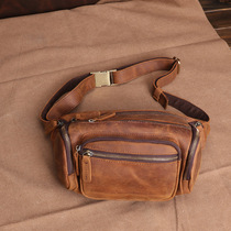 Crazy Horse Leather running bag Men Multi-function Large Capacity Mobile Phone Bag Retro Casual Leather Chest Bag Head Layer Cowhide Leather Cross Bag