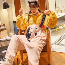 Card love pajamas female coral velvet winter jumpsuit flannel cute furry students can wear home clothes