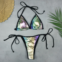 Patent leather sexy three-point thong high open lace-up bikini swimsuit European and American beach bikini womens swimwear