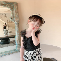 Foreign style female baby solid color lace sleeveless top 2021 summer new girls ear edge net red camisole tide