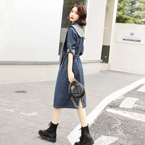 Early autumn French long sleeve denim dress female 2021 early autumn new high-end temperament European goods thin spring and autumn long dress