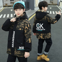 Boy plus velvet trench coat 2021 new autumn and winter mens big coat thickened childrens warm camouflage coat tide
