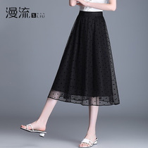 Mesh skirt womens summer thin pleated skirt 2021 new high waist big swing black medium-long skirt large size
