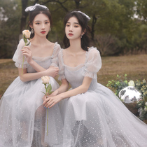 Grey bridesmaid uniform 2021 new autumn senior wedding little fairy temperament sister Group dress simple spring and autumn