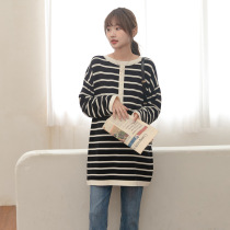 Pregnant womens autumn age lazy wind casual bottom T-shirt Navy wind stripes thin long knitwear tide