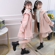 Girls trench coat lace flared sleeve belt trench coat coat 2021 autumn Korean version of foreign style coat tide