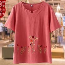 Mother Western style short-sleeved cotton shirt middle-aged summer thin T-SHIRT plus fertilizer XL womens middle-aged blouse