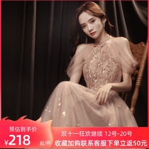 Champagne color hanging neck evening dress banquet temperament fairy high-end atmosphere celebrity host bridesmaid dress dress long autumn