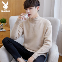 Playboy knitwear mens sweater spring autumn trend plus velvet thickened semi-high collar base shirt autumn winter thread coat