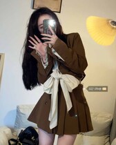 Retro college style curry blazer women 2021 New early autumn small suit bow shirt fashion set