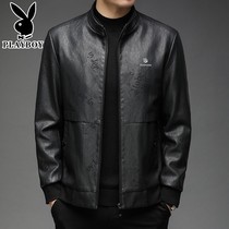 Playboy spring and autumn soft leather jacket mens middle-aged and elderly fathers clothing spring and autumn models stand-up collar printed leather jacket motorcycle jacket