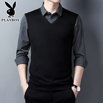 Playboy 2021 Autumn Dress Striped Long Sleeve Shirt Men Business Leisure Fake Two Young Mens Clothes