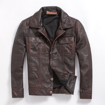 Clearance first layer cowhide leather leather clothing men slim short Armi Kachi sand washed old black red brown jacket jacket