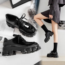 Liu Wen with the British style Black small leather shoes womens Japanese jk shoes Summer thin thick-soled soft leather muffin loafers