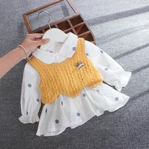 Princess jumpsuit dress girl Autumn dress sweater small vest polka dot open button dress baby girl