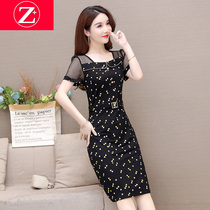Fake two-piece dress slim temperament 40 or 50-year-old summer womens dress western style short mother dress fashion expensive lady