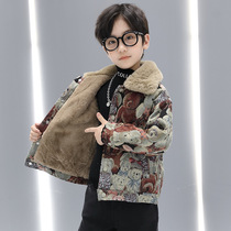 Boys coat winter 2021 nian new zhong da tong Western style cotton Korean plus velvet thickening children fur collar coat