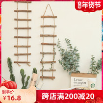 Photo props zakka home wooden ladder lanyard decoration Nordic style idyllic nature photography background props mixed wood rope ladder ornaments pine cone wooden ladder homestay Wall soft hanging ornaments