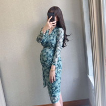 Zhu Zhu Spring and summer New Long Sleeved Flower V-Launch Stretch Lifts with Middle Long Pregnant Women Dress