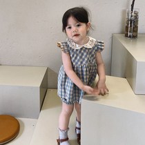 Girls small flying sleeve plaid dress doll shirt shorts set Yuner mother Children Baby Summer Sisters